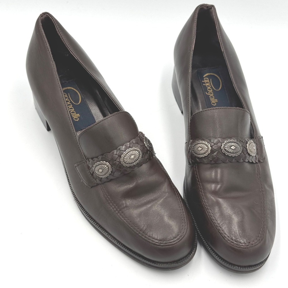 Pappagallo Brown Leather Loafers Block Heel Silver Accents Women's Size 8M
